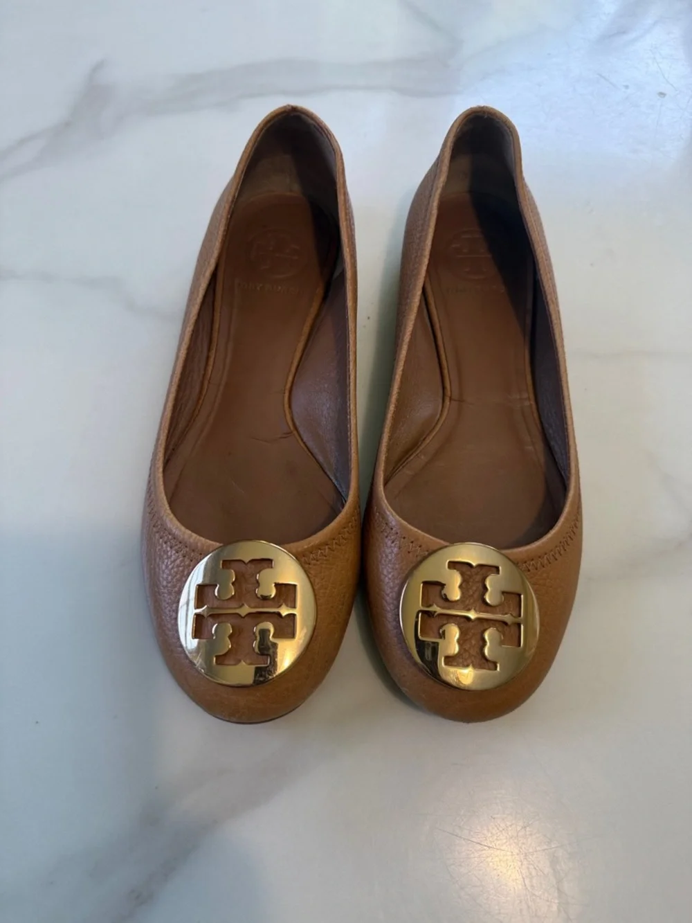 Tory Burch Cognac Leather Logo Ballet Flats